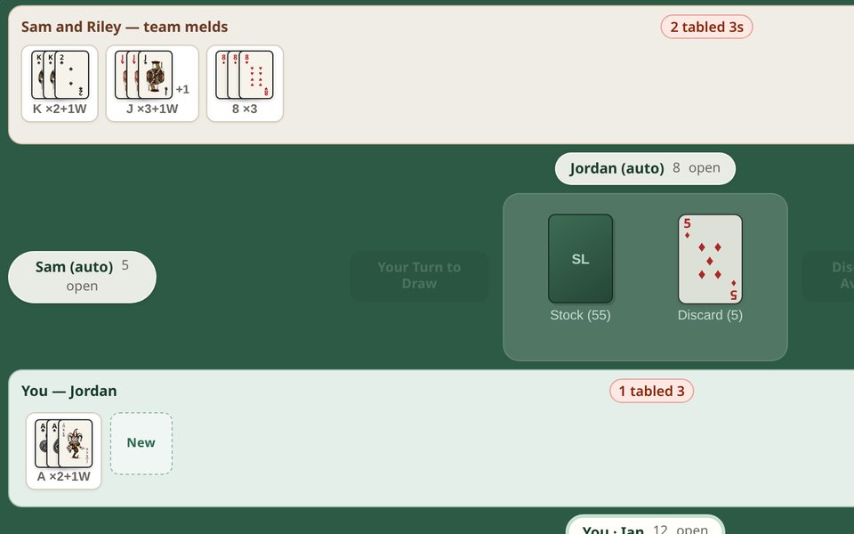 A real Canasta table: partners' melds, the stock and discard pile, and your hand.