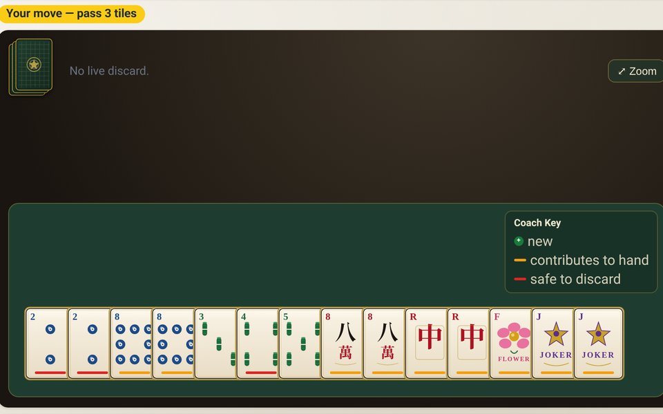 A real Mahjick table: a rack of Mah Jongg tiles with the other three seats beside it.